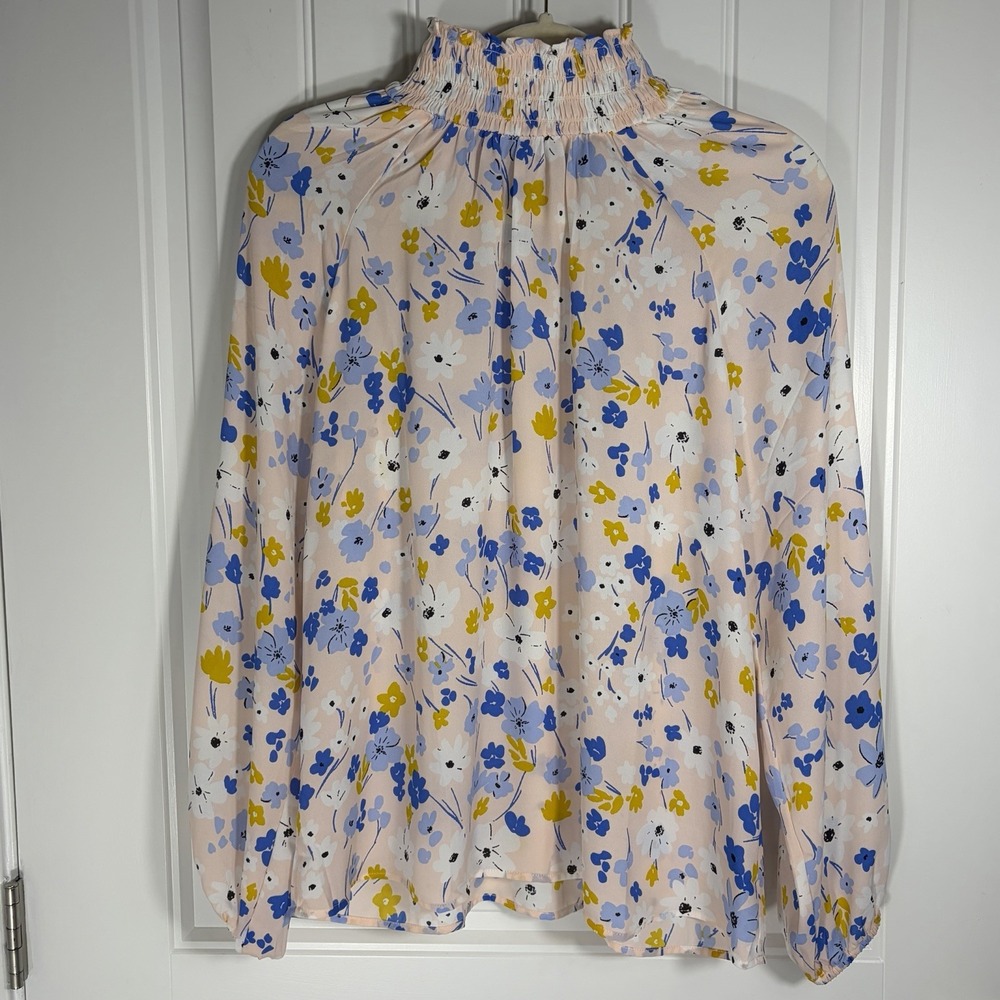 LOFT Floral Smocked Mock Neck Blouse Women's‎ Medium Pink Blue Long Sleeve